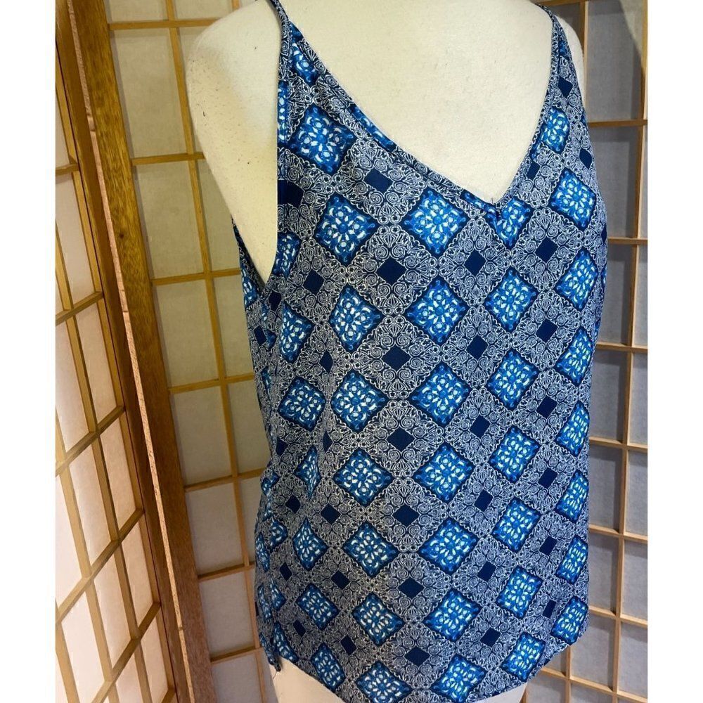 Paper Crane Boho Geometric Sleeveless Tank Blouse Blue Gray Women's Med